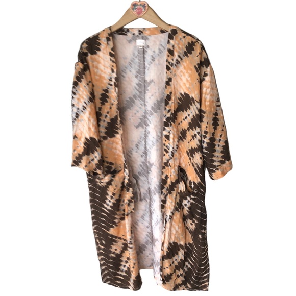 Keep In Touch Boho Tan Black Tie Dye Open Duster Cardigan Long Line Large - Picture 2 of 8
